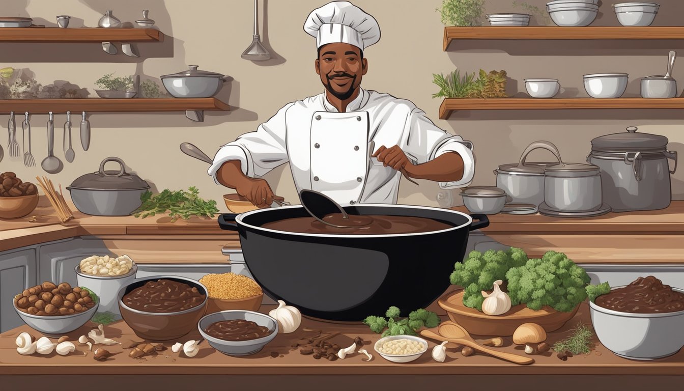 A chef stirring a pot of rich, dark chocolate sauce, surrounded by bowls of savory ingredients like garlic, mushrooms, and herbs