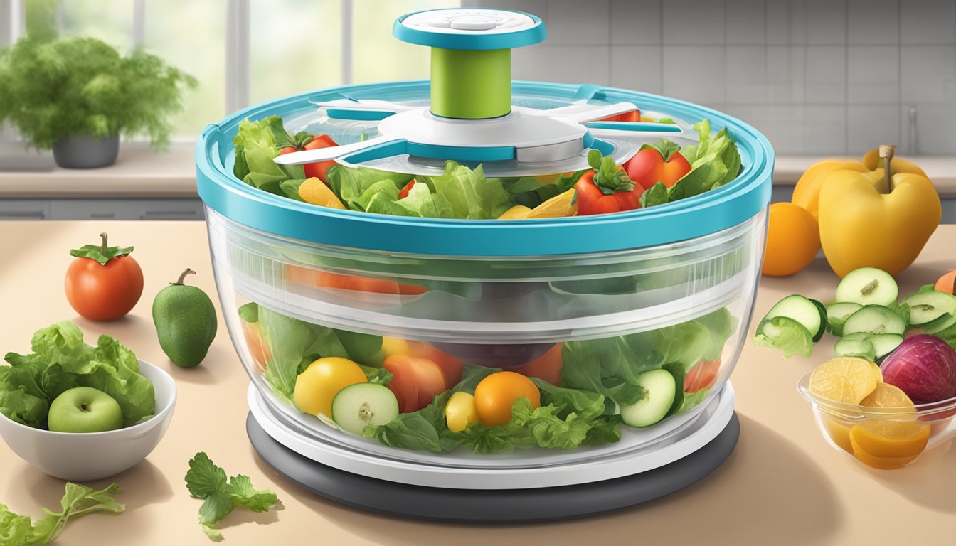 A salad spinner sits on a kitchen counter with various fruits and vegetables inside, being spun to remove excess water