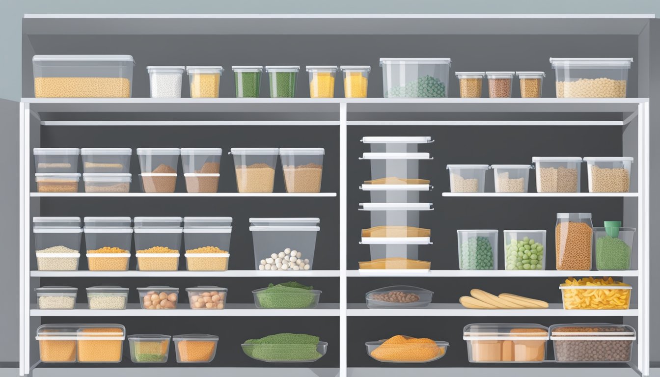 A well-organized pantry with labeled bins, adjustable shelving, and clear containers for easy visibility