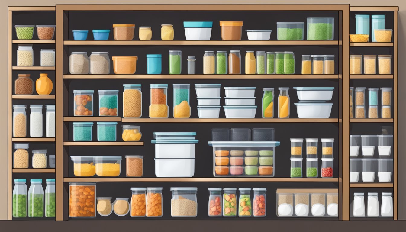 A neatly organized pantry with labeled containers and shelves for efficient food management