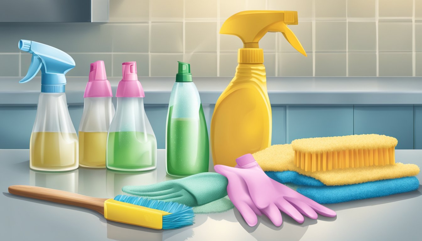 A pair of rubber gloves holding a spray bottle and a scrub brush, with a baking soda box and vinegar bottle nearby