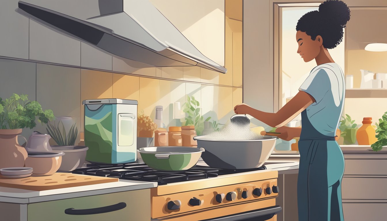 A person mixing natural ingredients in a bowl, with a spray bottle and dirty oven in the background