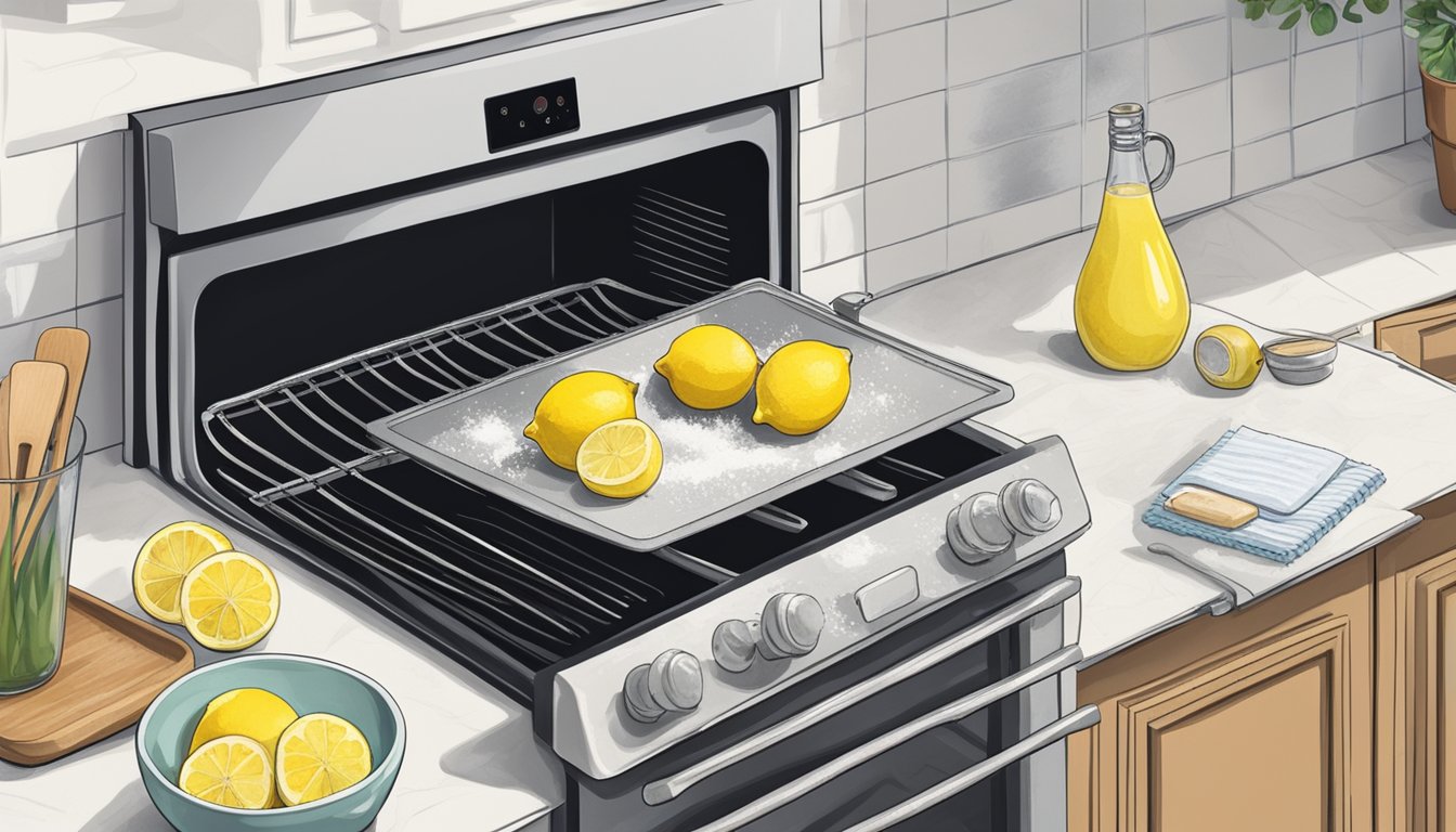 A kitchen counter with baking soda, vinegar, and lemon slices beside a dirty oven, surrounded by cleaning supplies and a recipe book