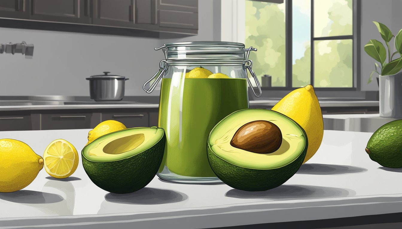 A ripe avocado sits on a kitchen counter next to a bowl of lemons. A glass container with a lid is open, revealing half an avocado with the pit still intact