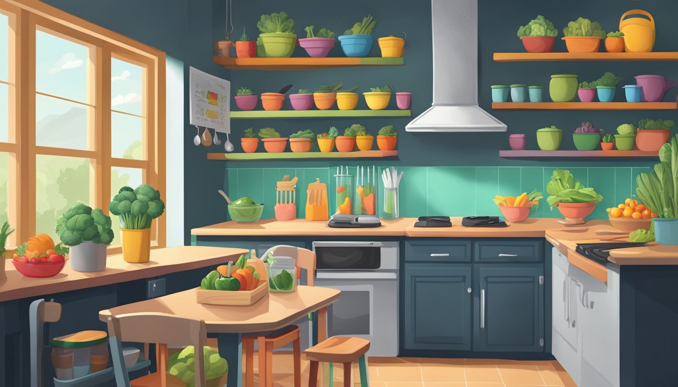 A colorful kitchen with low shelves of fruits and veggies, child-sized utensils, and a chalkboard for meal planning