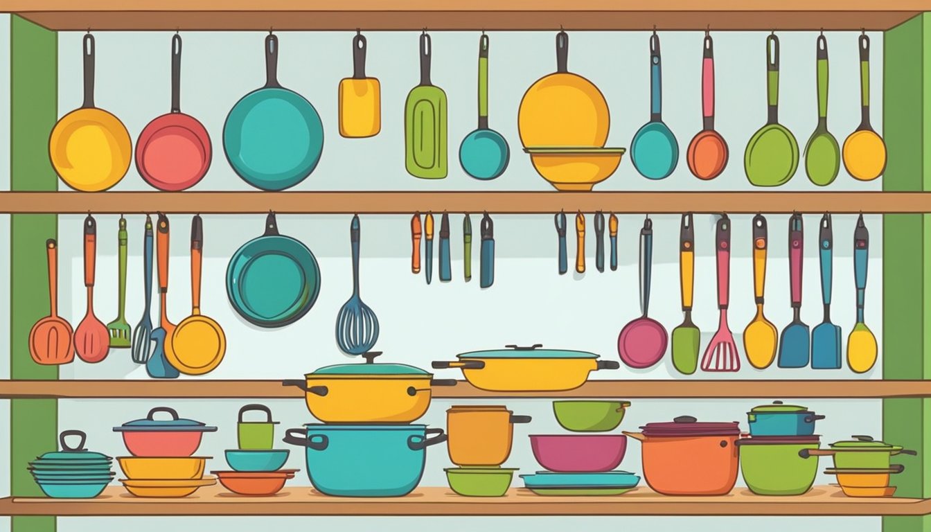 A group of colorful, child-sized kitchen tools and utensils are neatly arranged on low shelves, inviting young hands to participate in meal preparation