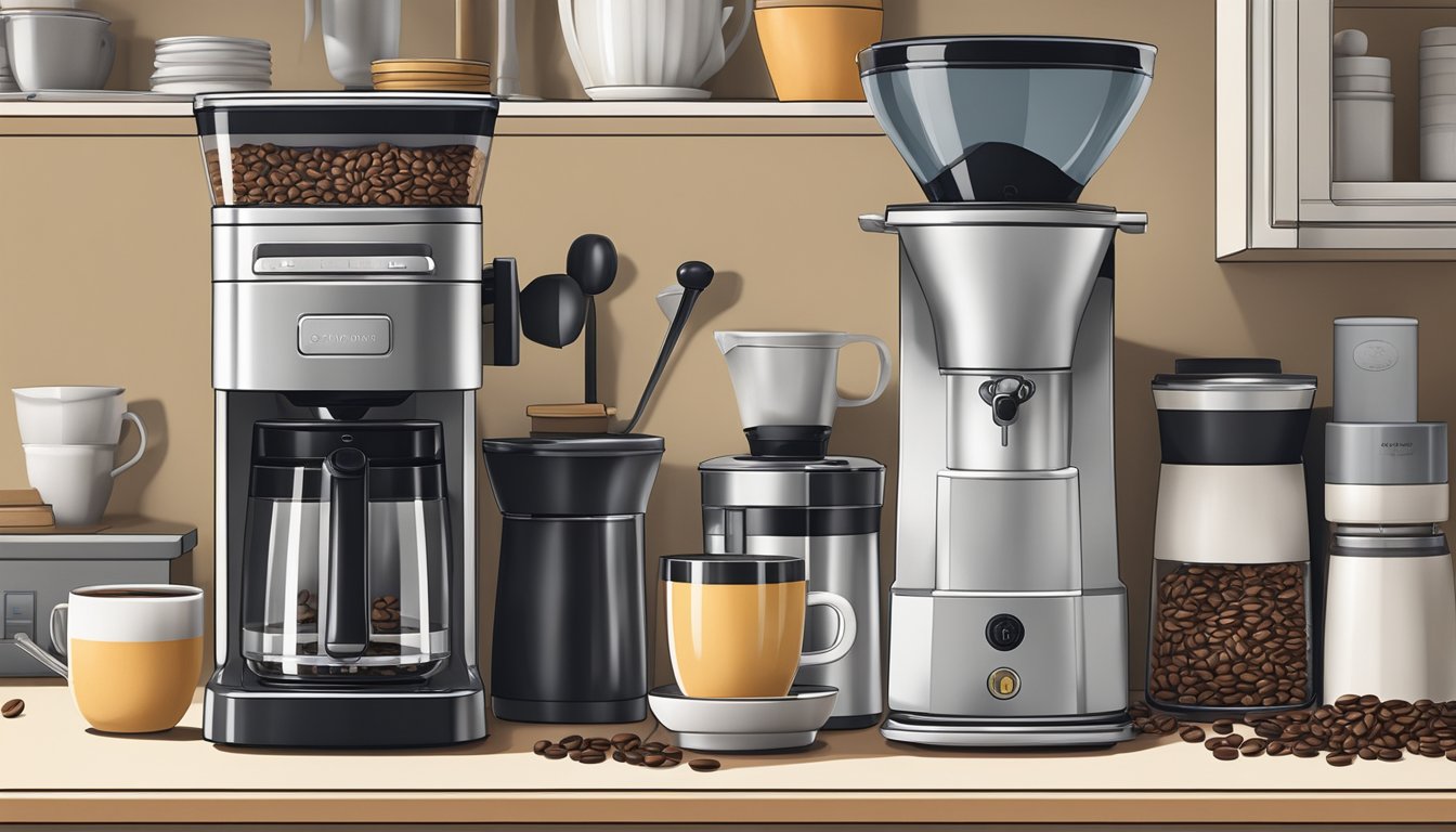 A clean, organized kitchen counter with a coffee machine, grinder, and various coffee accessories neatly arranged