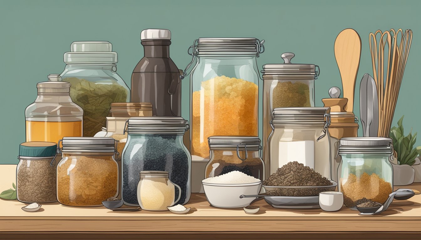 A kitchen counter with jars, tea bags, sugar, and a SCOBY (symbiotic culture of bacteria and yeast) surrounded by various utensils and ingredients