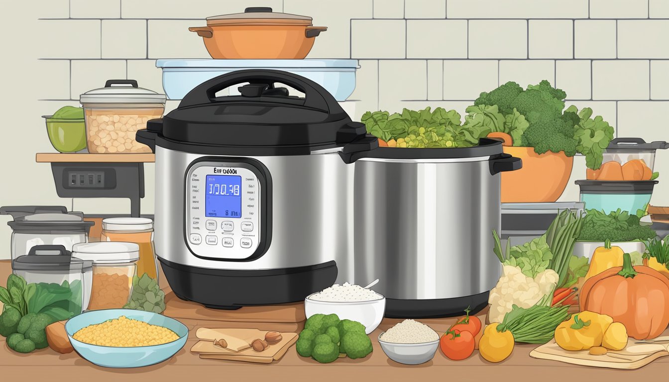 An Instant Pot surrounded by various ingredients and recipe books, representing different diets such as keto, vegan, and paleo