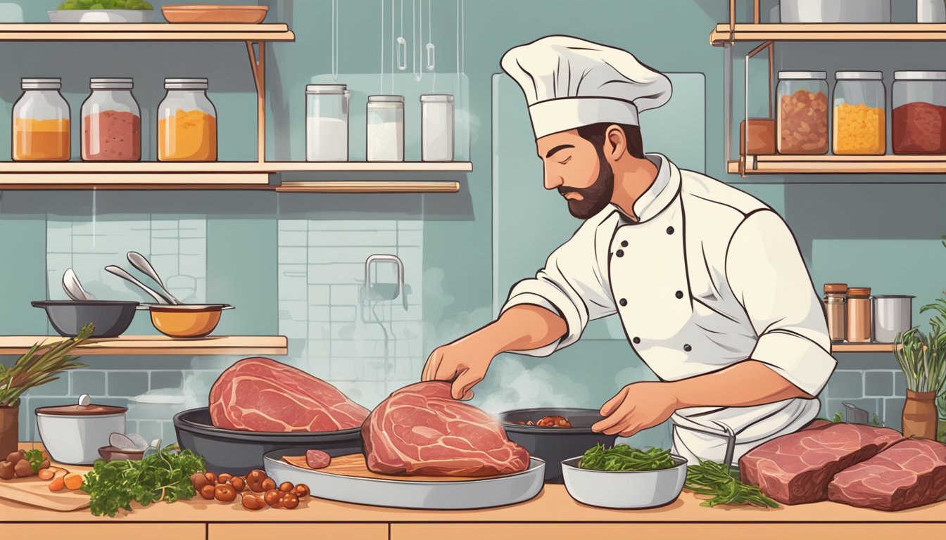 A chef carefully pours a flavorful marinade over a variety of raw meats in a clean and organized kitchen