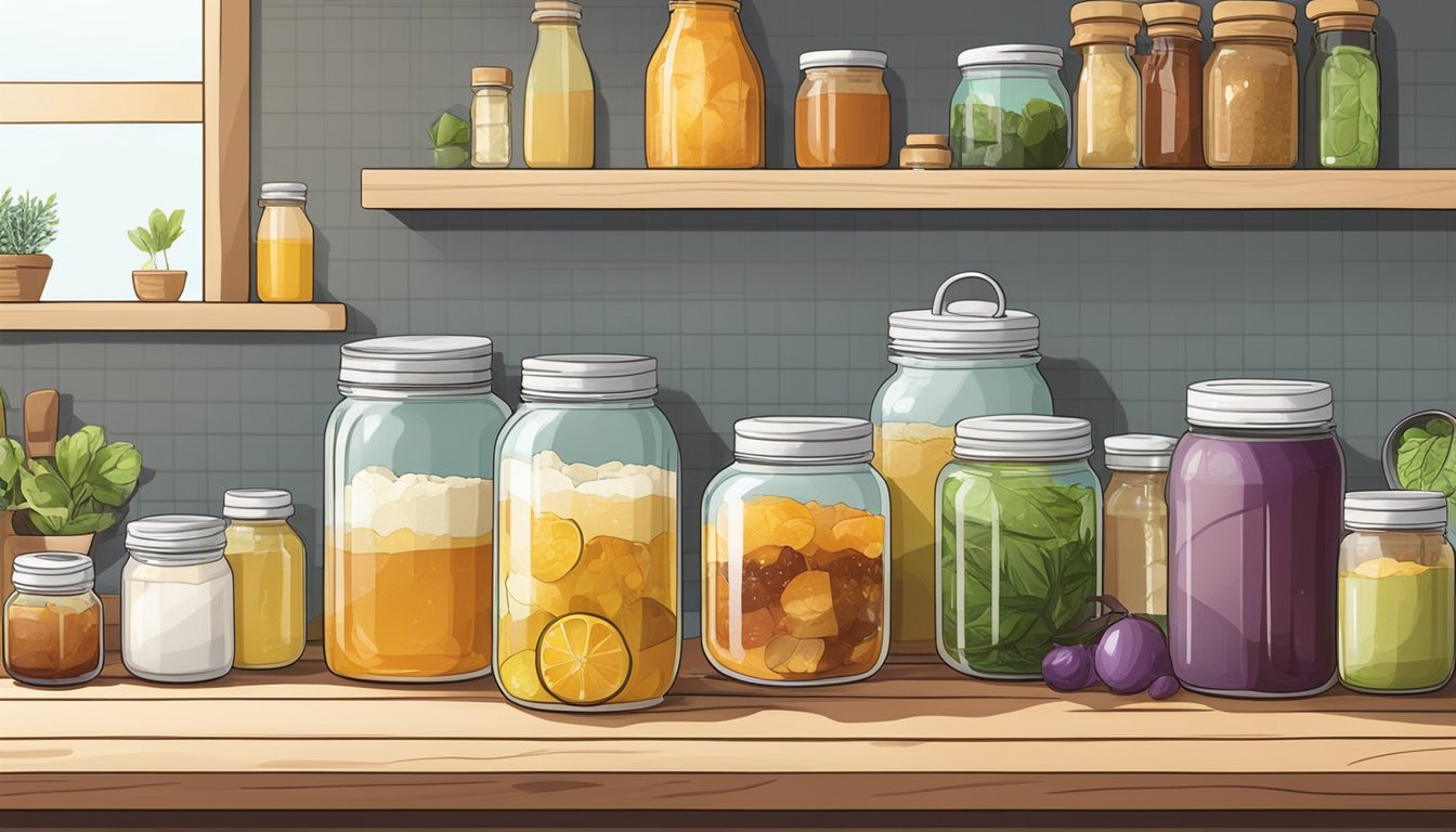 A kitchen counter with various jars, bottles, and ingredients for making kombucha, including tea, sugar, and a SCOBY