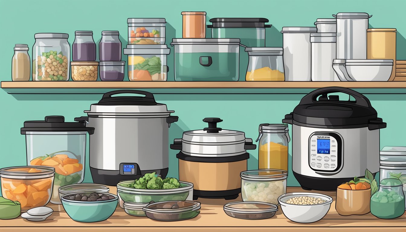 A kitchen counter with an instant pot surrounded by various containers and utensils for meal prep