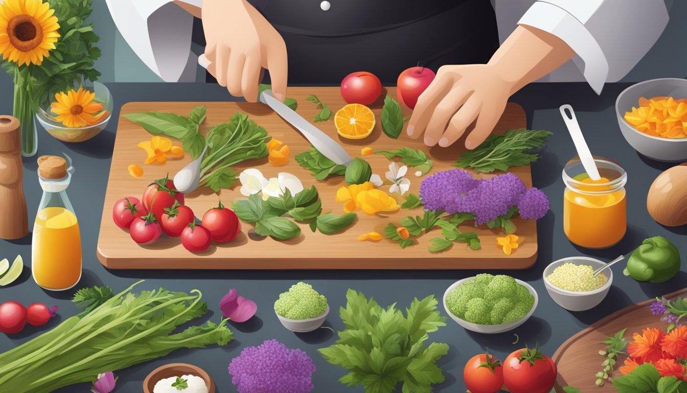 A chef gathers colorful edible flowers, arranging them on a cutting board next to a variety of fresh ingredients and cooking utensils