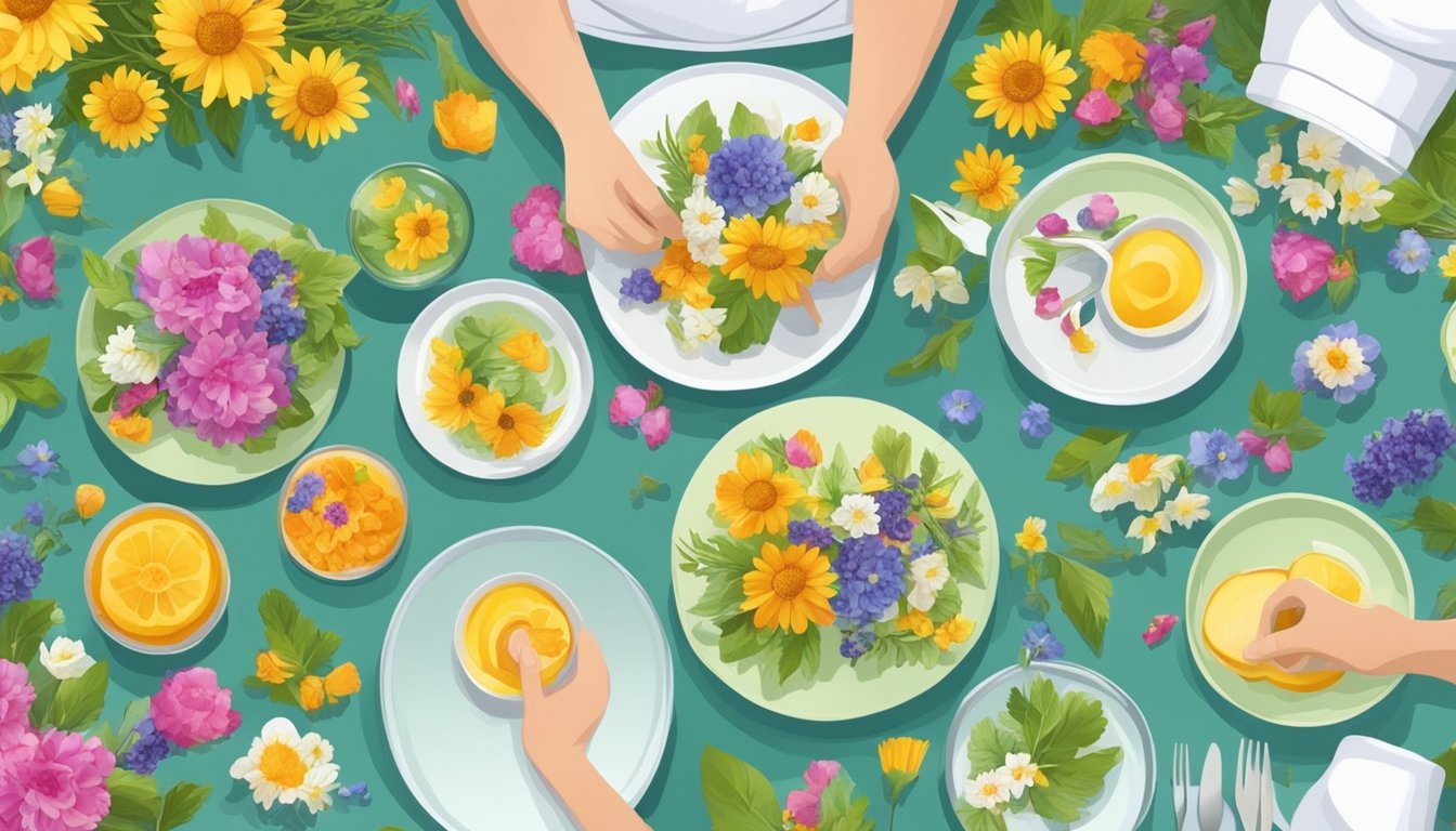 A table set with colorful dishes and vases of fresh flowers, with a chef preparing edible flower decorations