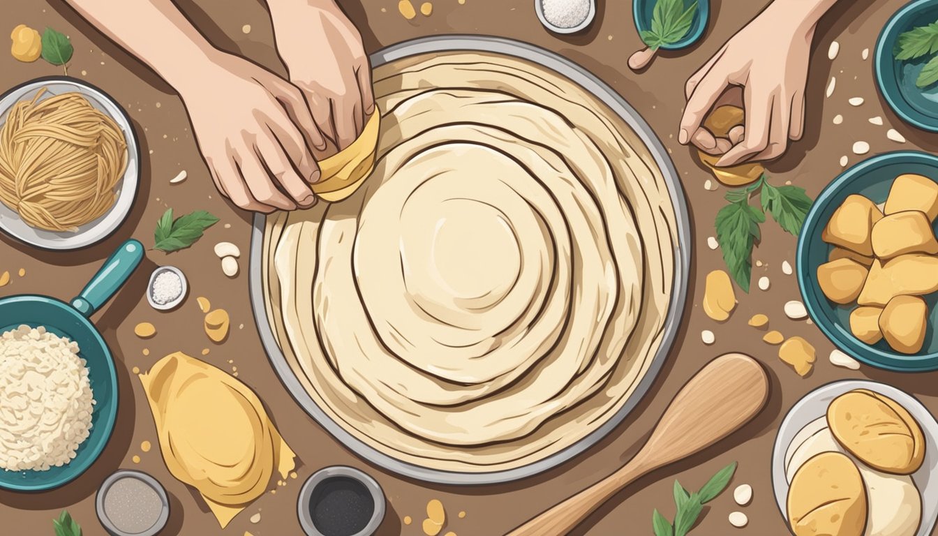 A pair of hands expertly rolling out dough, surrounded by ingredients and kitchen utensils