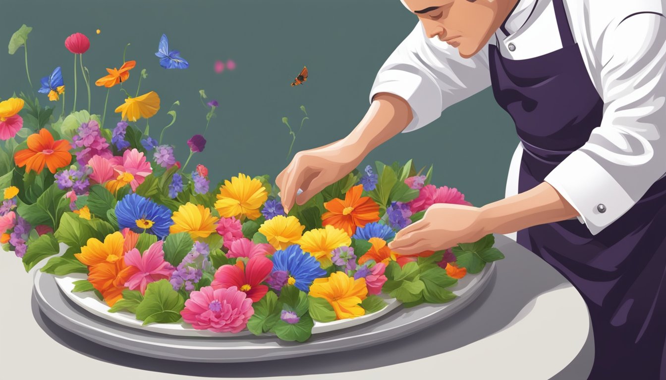 A chef arranging a colorful array of edible flowers on a platter for garnishing dishes