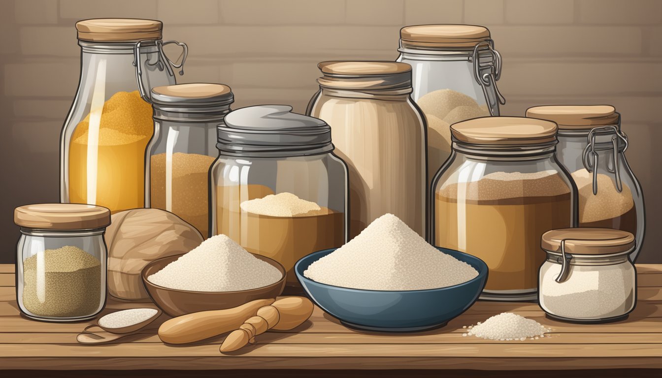 Yeast packets and jars arranged on a wooden table, surrounded by various ingredients and kitchen utensils. Different types of yeast labeled and displayed for selection