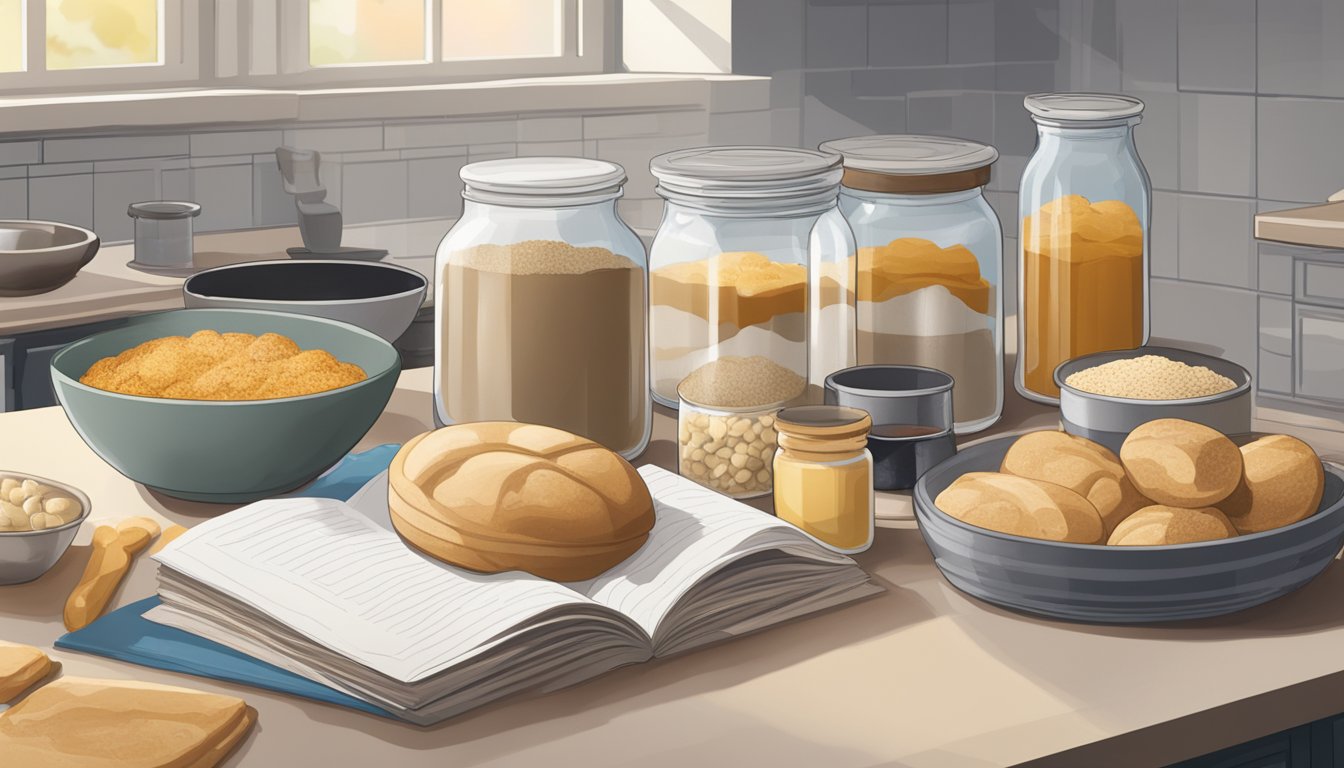 A variety of yeast packets and jars sit on a kitchen counter, next to a recipe book and various baked goods