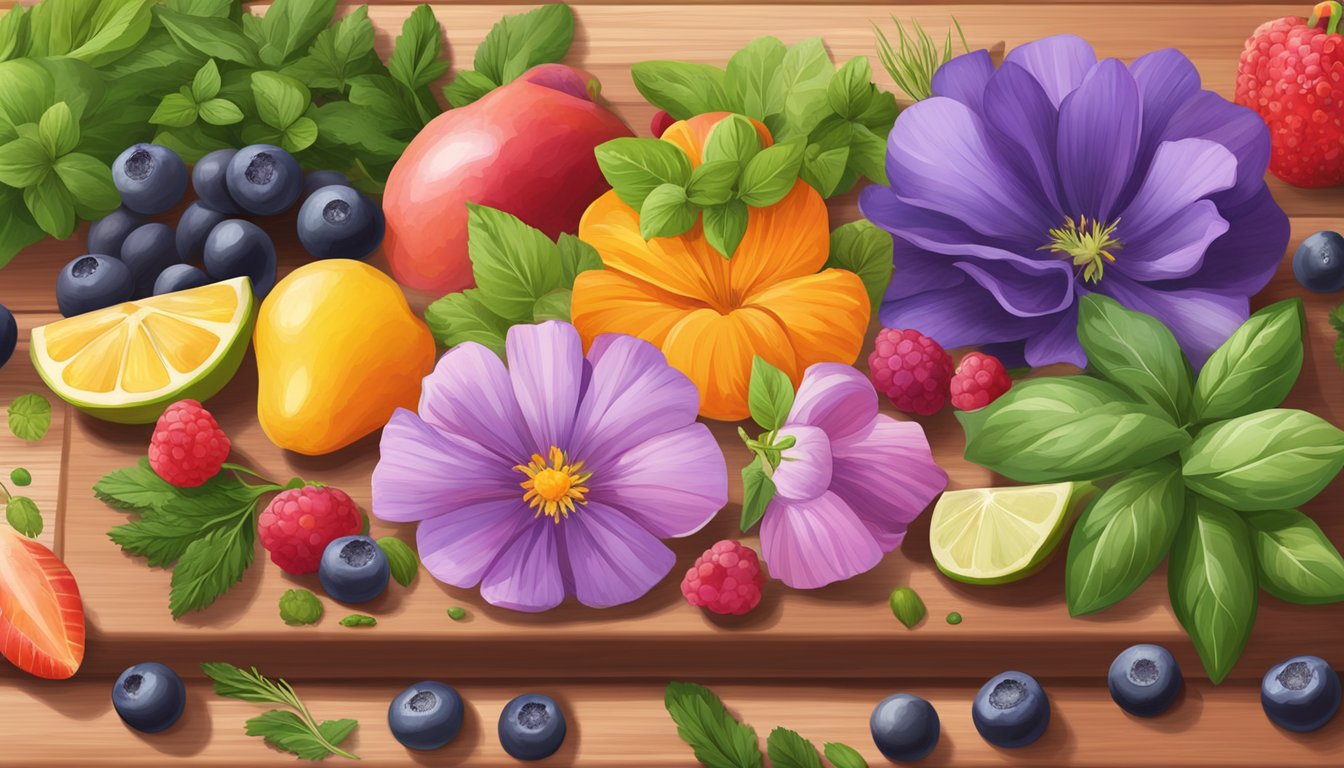 A vibrant array of edible flowers scattered across a wooden cutting board, surrounded by fresh herbs and colorful fruits, ready to be incorporated into a culinary masterpiece