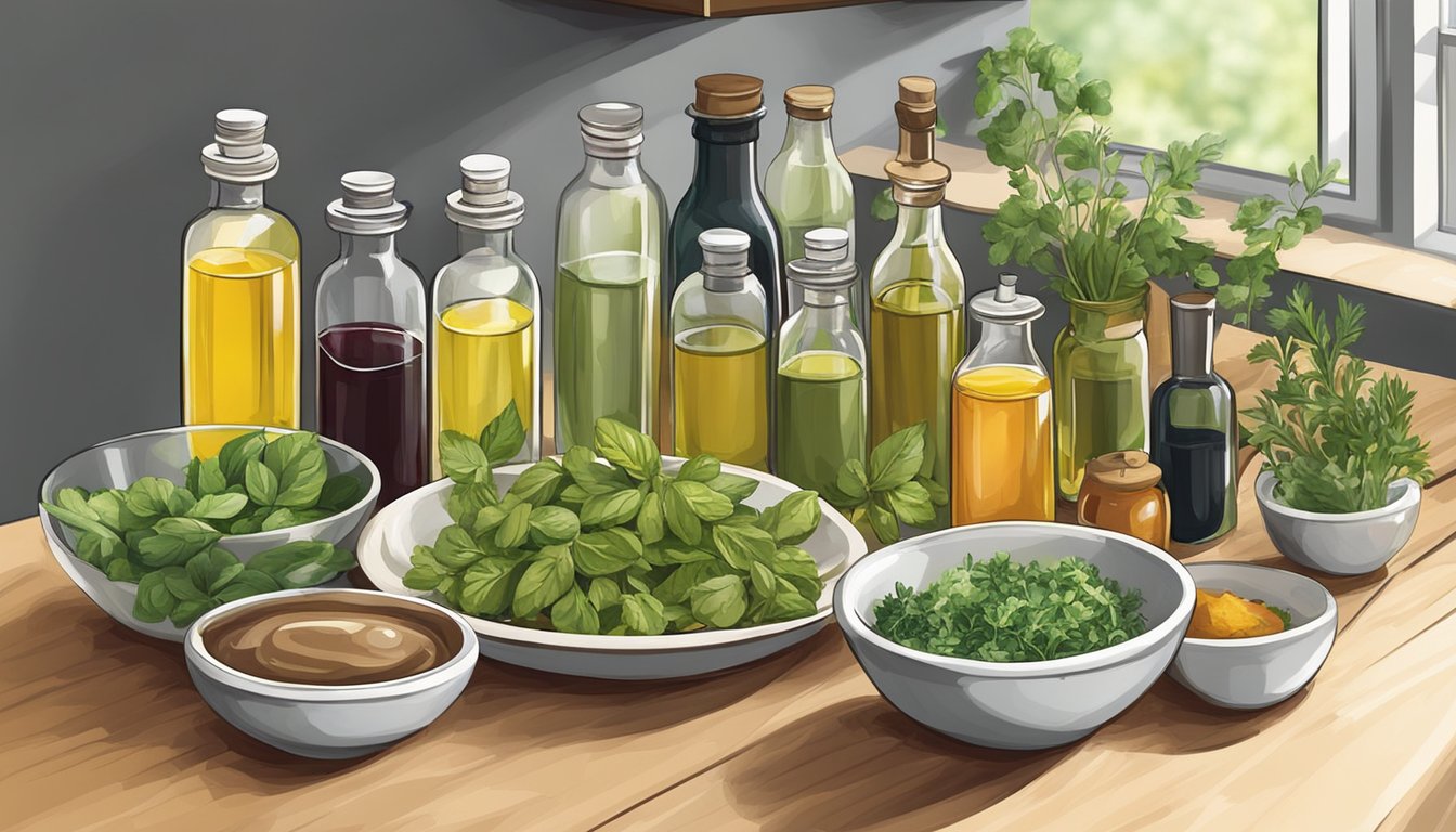 A kitchen counter with various bottles of oils, vinegars, and herbs, along with bowls and utensils for mixing and storing homemade salad dressings