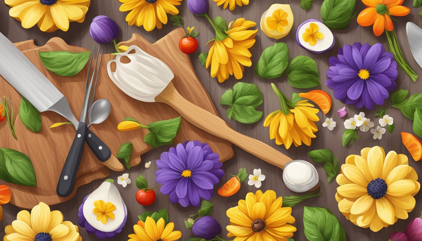 A colorful array of edible flowers arranged on a cutting board, with various kitchen utensils and ingredients nearby