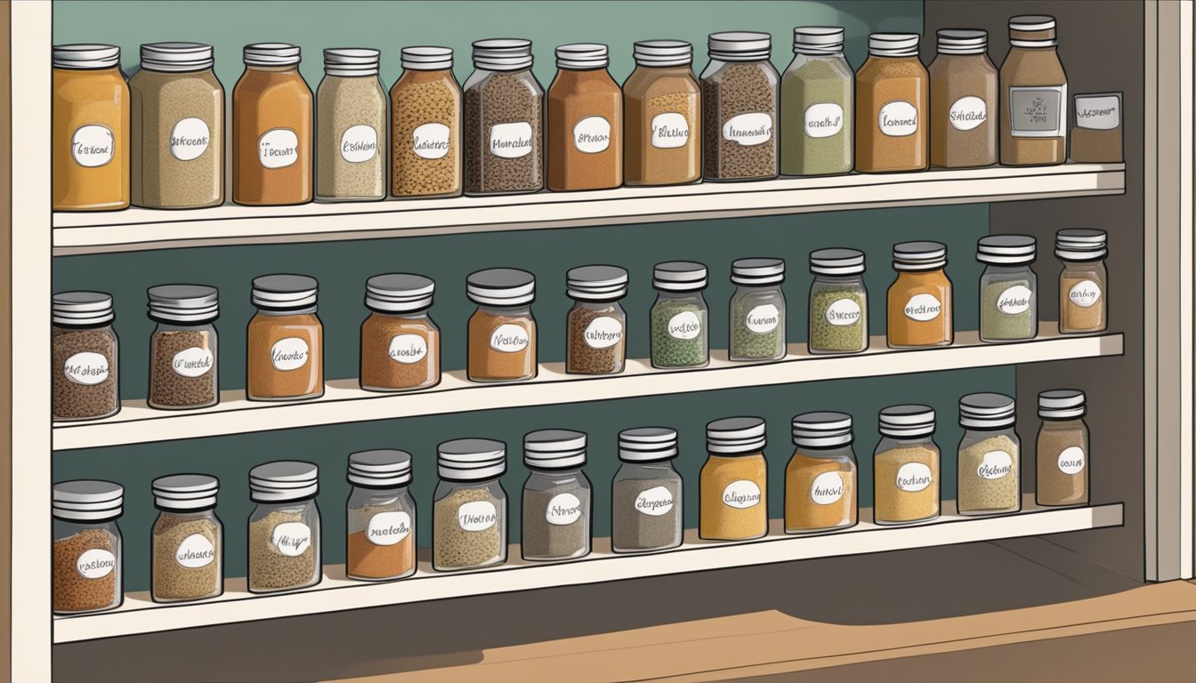 A neatly organized spice cabinet with labeled jars and a tiered shelf for easy access