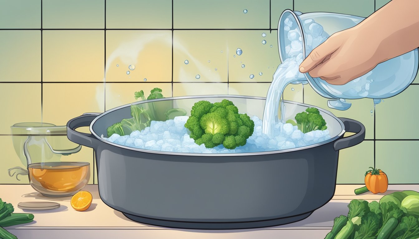 A pot of boiling water with various vegetables being lowered in and then removed to an ice bath