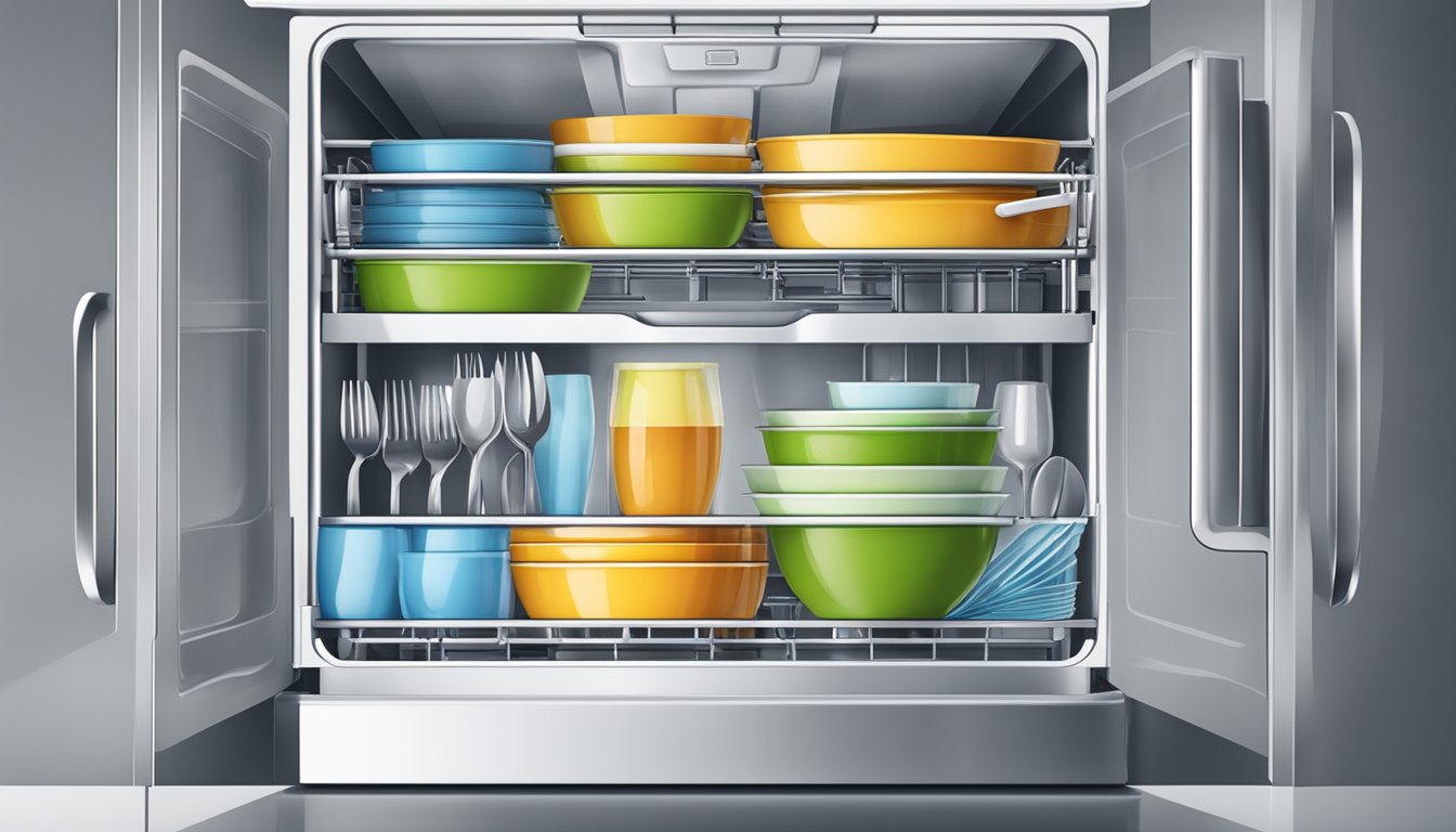 A properly layered dishwasher with dishes, cutlery, and glassware arranged in separate compartments for best cleaning results