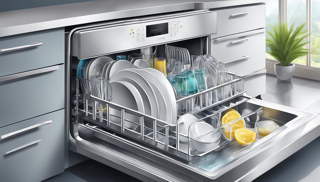 A dishwasher filled with layered dishes, glasses, and utensils, with clear, clean water flowing into the machine