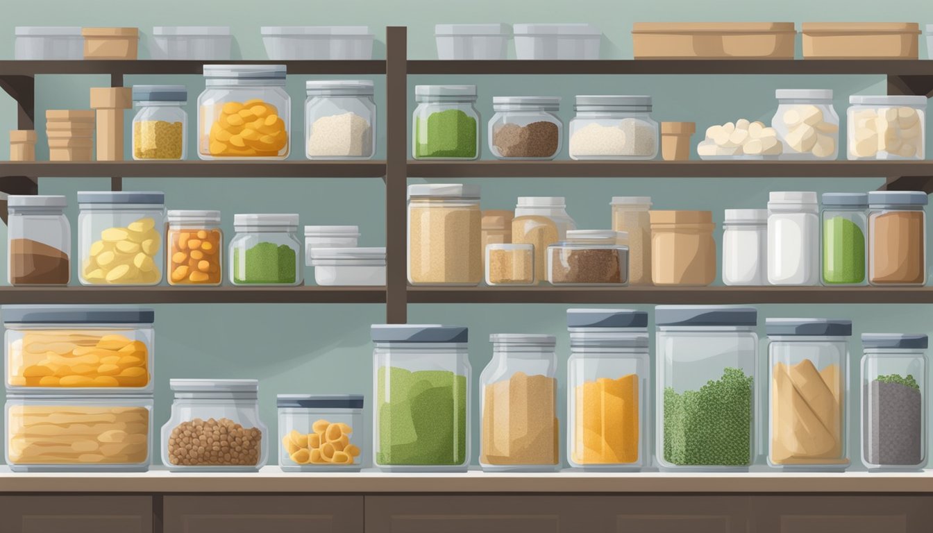 Various baking ingredients stored in airtight containers on shelves, with labels indicating contents. A pantry with organized jars, bags, and canisters to maintain freshness and quality