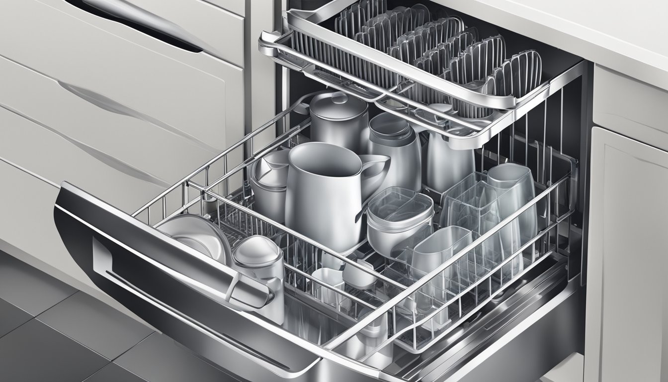 A fully-loaded dishwasher with dishes, utensils, and glassware arranged in separate compartments for optimal cleaning