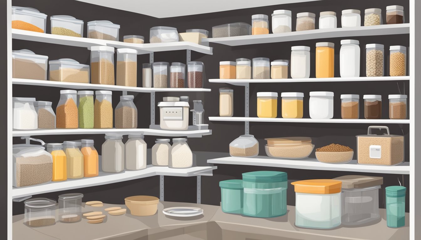 A well-organized pantry with labeled airtight containers of flour, sugar, and other baking ingredients on shelves. A thermometer and humidity monitor sit nearby