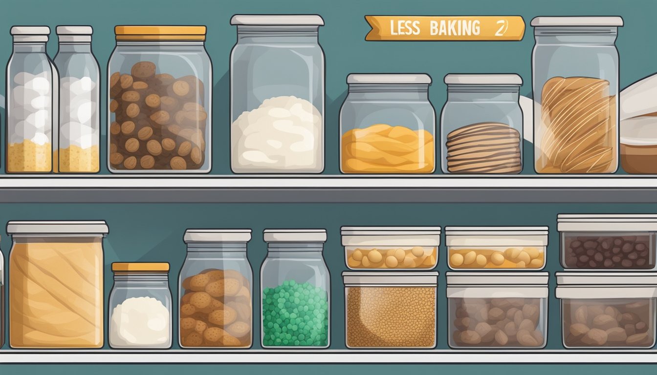 Various less common baking items neatly organized in airtight containers on shelves, with labels indicating proper storage instructions for freshness and quality