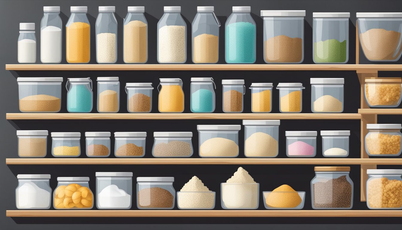 Various baking ingredients (flour, sugar, etc.) stored in airtight containers on shelves. Labels indicate contents and expiration dates. Pantry is organized and clean