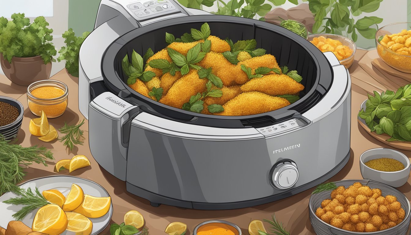 Fresh herbs and spices hovering over an open air fryer, with crispy golden foods emerging