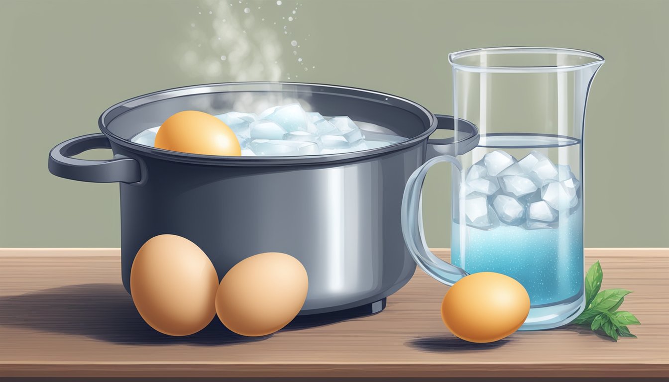 A pot of boiling water with eggs inside, a timer, and a bowl of ice water nearby