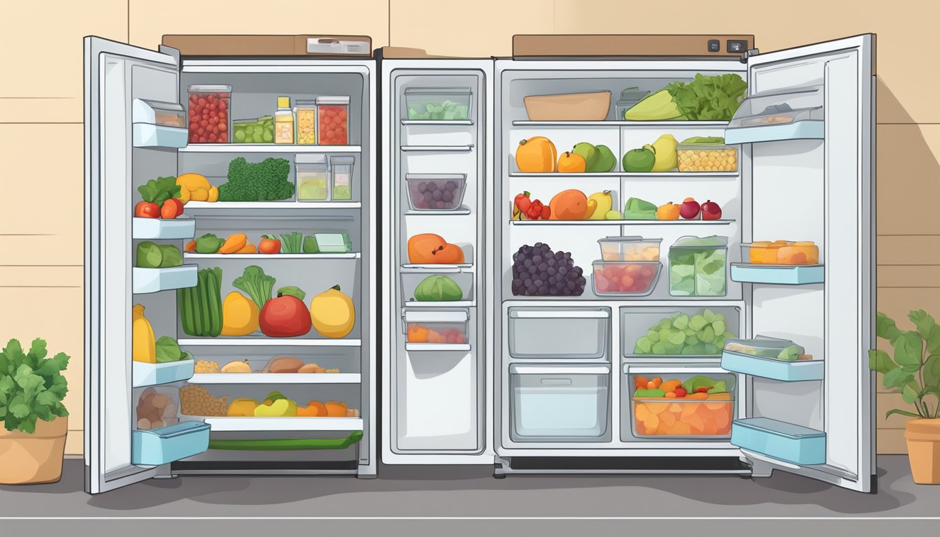 A neatly organized fridge with labeled containers for fruits, vegetables, and leftovers. A compost bin sits nearby to collect food scraps