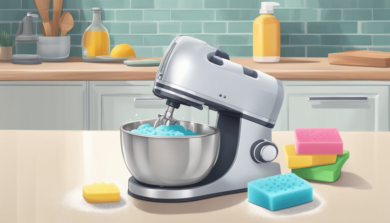 A hand-held electric mixer sits on a clean, clutter-free countertop. A sponge and soapy water are nearby, ready for a quick and easy cleaning hack