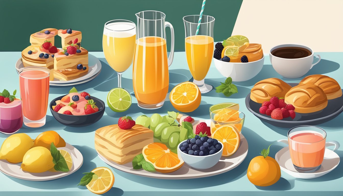 A table set with an assortment of colorful drinks and beverages, surrounded by fresh fruits and pastries, ready for a brunch menu at home entertaining