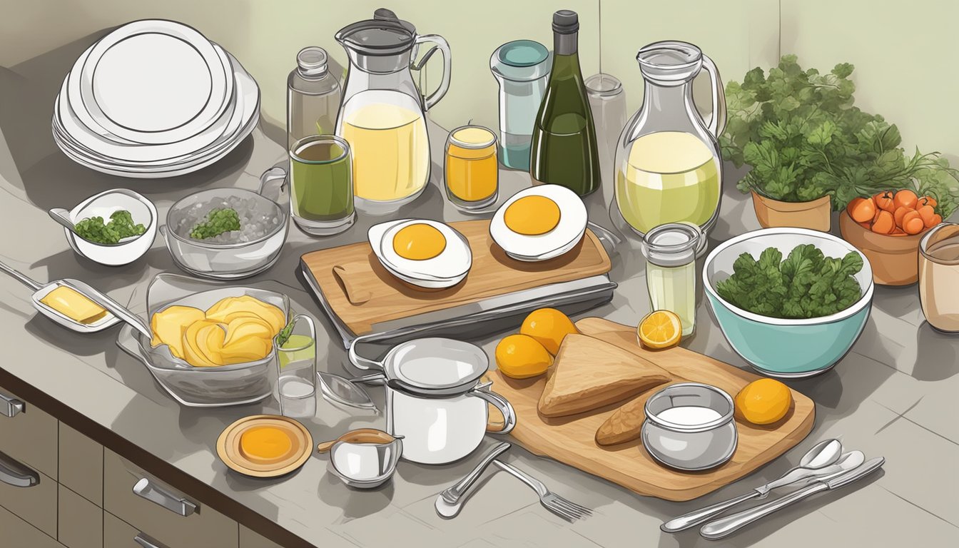 A clean, organized kitchen with various fresh ingredients and utensils laid out for preparing a brunch menu