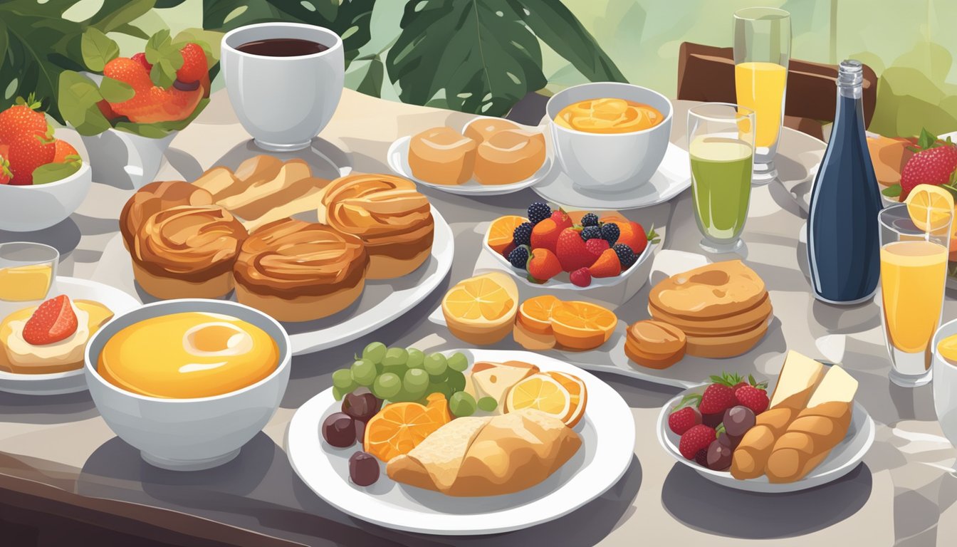 A table set with a variety of brunch foods, including pastries, fruit, eggs, and beverages, arranged in an inviting and aesthetically pleasing manner