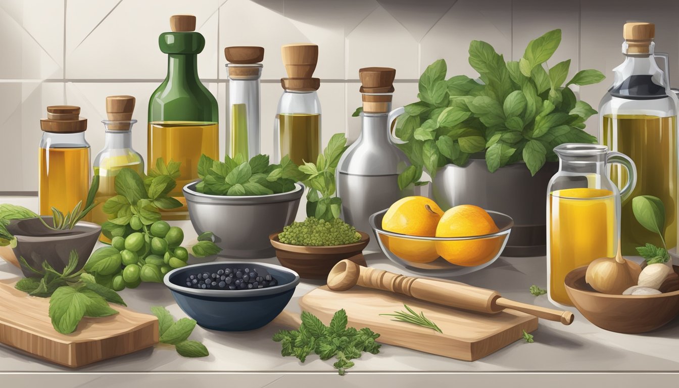 A kitchen counter with various herbs, fruits, and bottles of oil and vinegar. A mortar and pestle sits nearby for crushing ingredients