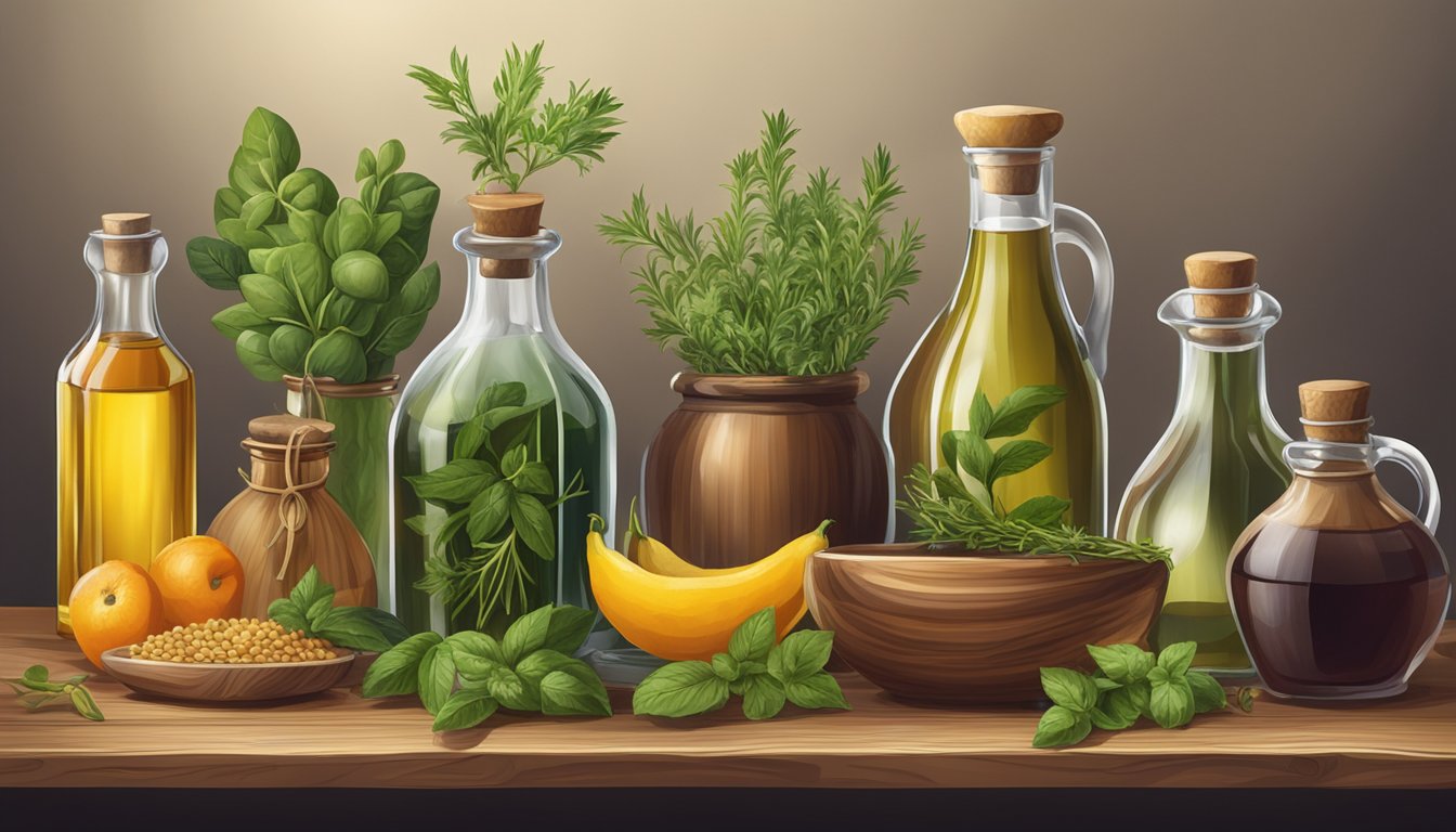 A collection of fresh herbs, fruits, and spices arranged on a wooden table next to bottles of oil and vinegar