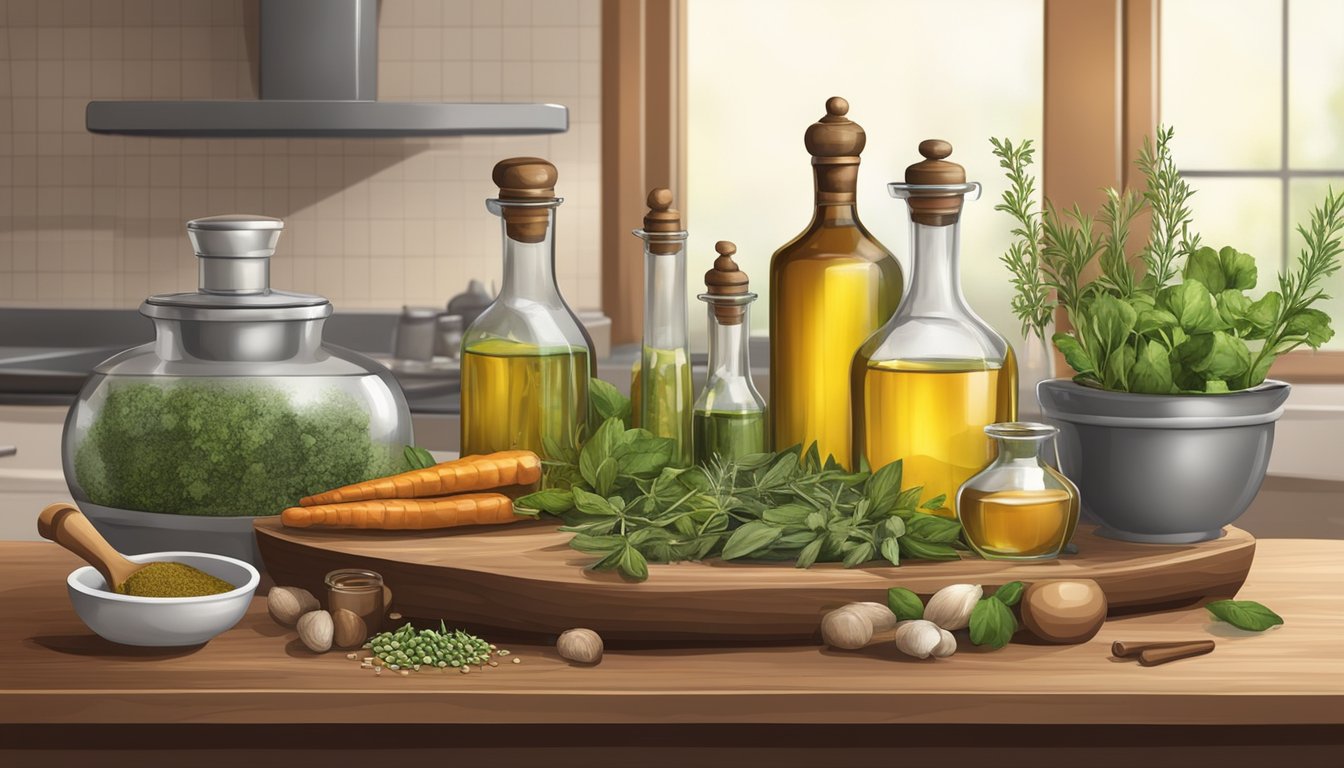 A kitchen counter with various herbs, spices, and bottles of oil and vinegar, along with a mortar and pestle for infusing