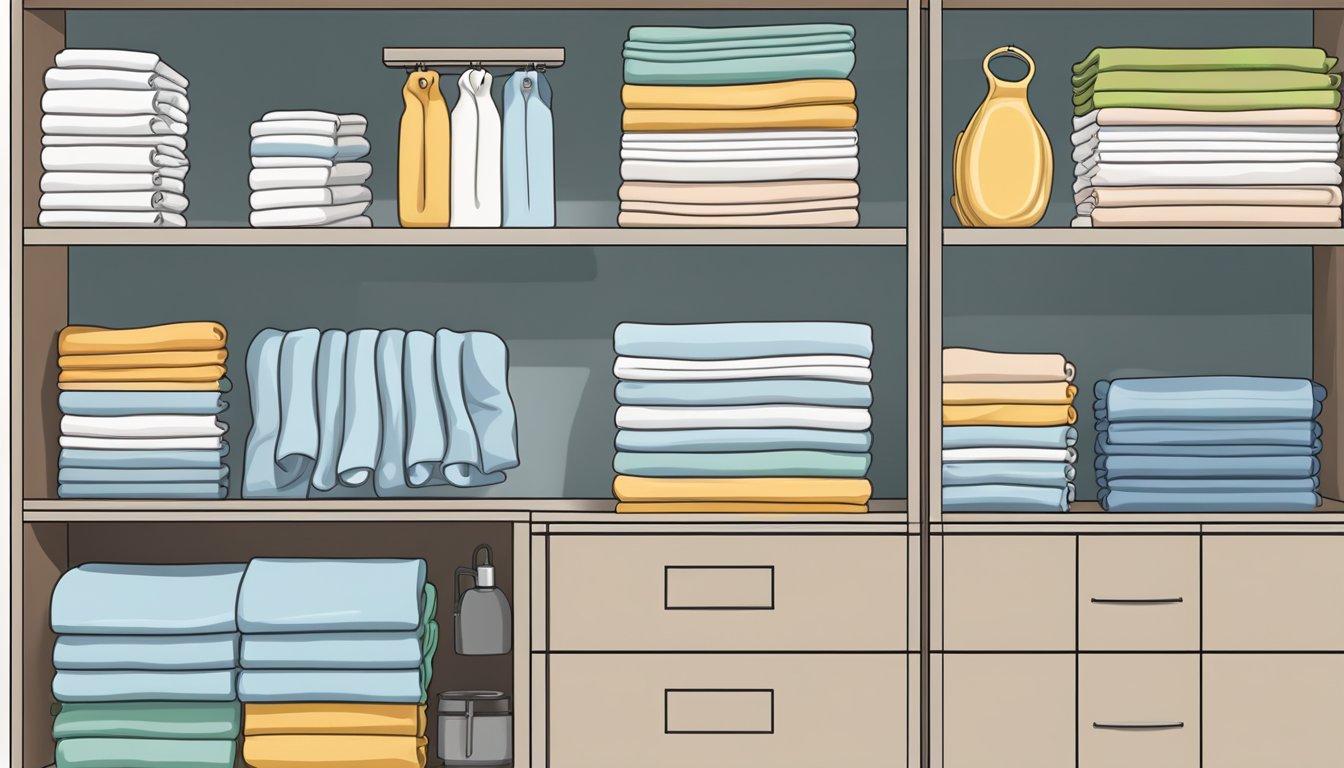 Clean dish towels hung on a drying rack, neatly folded in a drawer, or stored in a clean, dry place