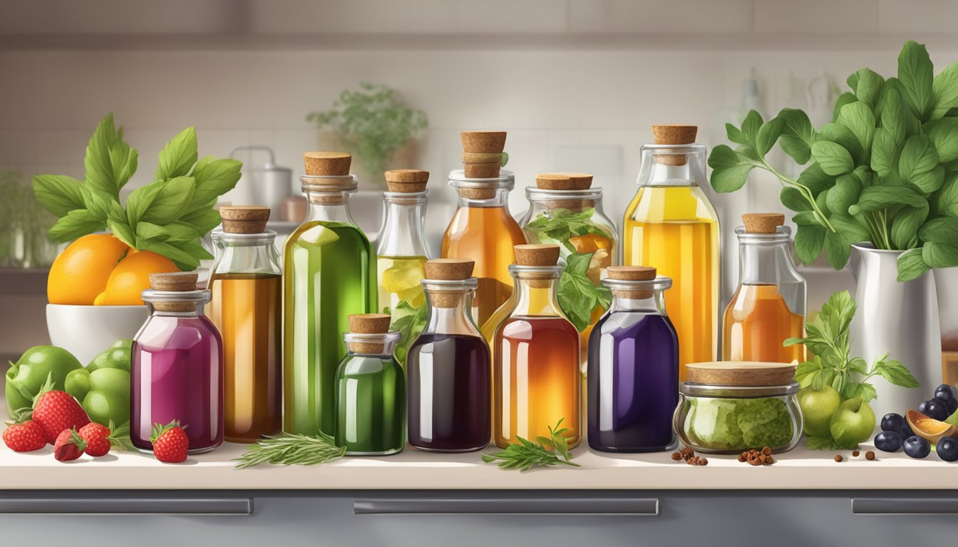 A kitchen counter with various glass bottles filled with colorful infused oils and vinegars, surrounded by fresh herbs, spices, and fruits