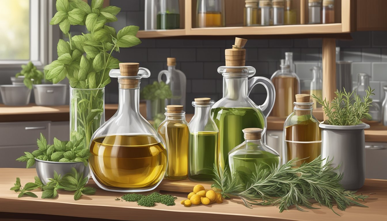 A kitchen counter with assorted herbs, oils, and vinegars, along with glass bottles and a funnel for creating infused oils and vinegars