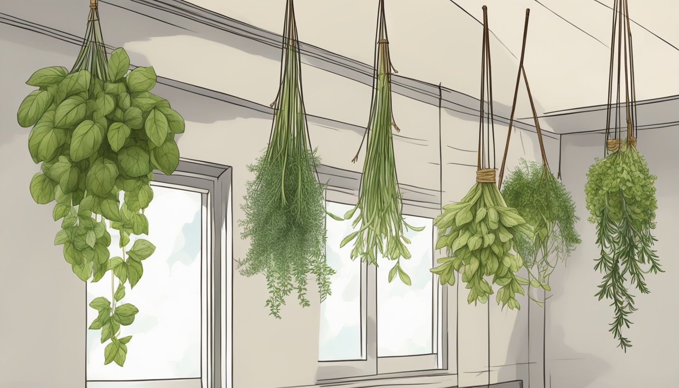 Fresh herbs hanging upside down in a warm, airy room, tied in small bundles with twine, to dry for long-term storage