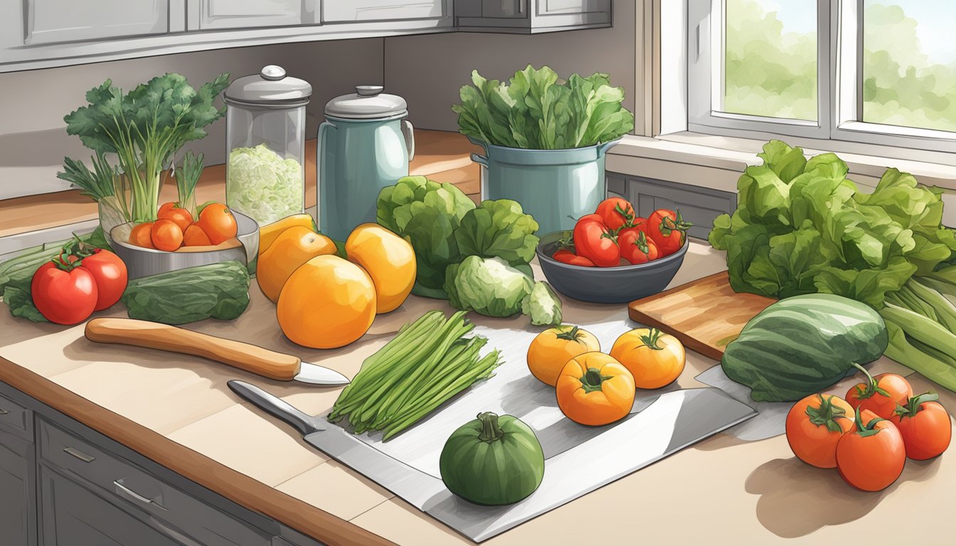 A clean, organized kitchen counter with a variety of fresh produce, a cutting board, and a sharp knife ready for peeling and prepping