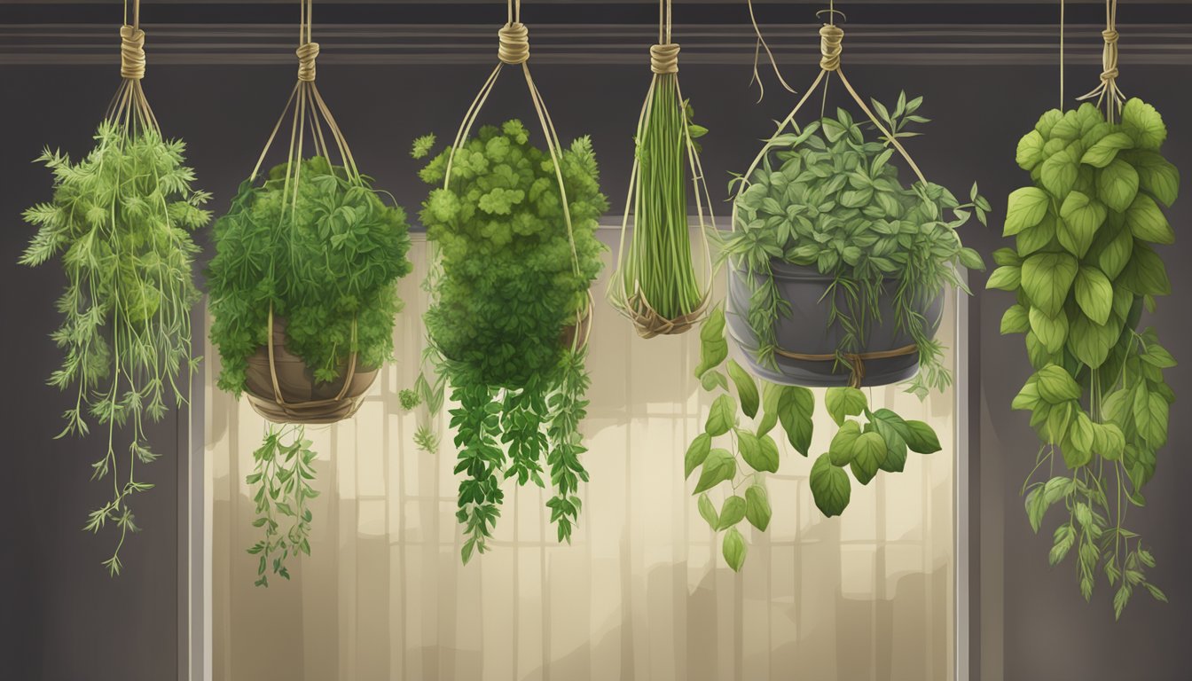 Fresh herbs hanging upside down in a well-ventilated, dimly lit room, tied in bundles with twine